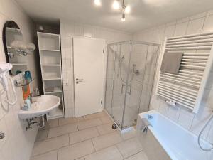 a bathroom with a shower and a sink and a tub at Ferienwohnung Sandner in Nüdlingen +18 photos