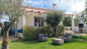 a house with chairs and trees in the yard at Montadinho Houses in São Bartolomeu da Serra