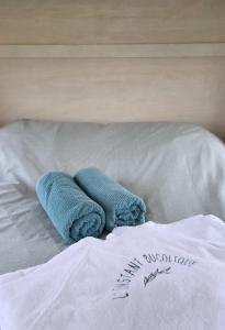 two blue towels sitting on top of a bed at L'instant bucolique in Origny-en-Thiérache