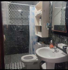 a bathroom with a sink and a toilet and a shower at étage 1 avec terrasse et vue sur mer in El Jadida