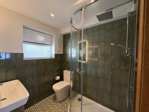 a bathroom with a toilet and a glass shower at Mi Casa Su Casa - Mount Brioni in Downderry +20 photos