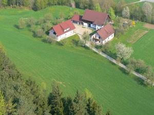 an aerial view of a house on a green field at Wohnung in Neuhaus nahe Skigebiet Petzen in Neuhaus