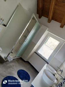 a bathroom with a toilet and a window at LA TANA DELLA VOLPETTA - Bed & Breakfast in Stella