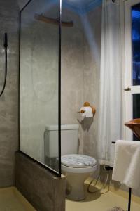 a bathroom with a toilet in a glass enclosure at Vila Maré in Itacaré