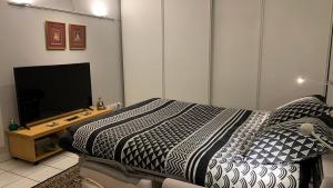 ein Schlafzimmer mit einem Bett und einem Flachbildfernseher in der Unterkunft Quiet in Poissy city center for work or family stay in Poissy