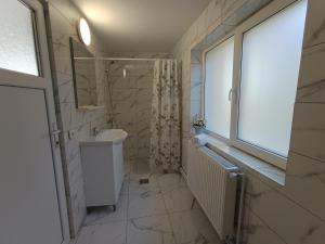 a bathroom with a sink and a shower and a window at Casa Ioana Întorsura Buzăului in Brădet +20 photos
