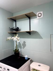 a bathroom with a toilet and shelves on the wall at Maison climatisée Lyon-Bron Eurexpo - Stadium Groupama - Interdit aux événements in Bron +24 photos