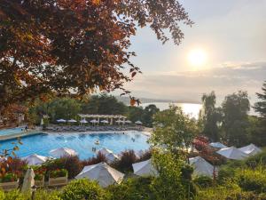 a large swimming pool next to a body of water at Lavender Apartment in Sozopol