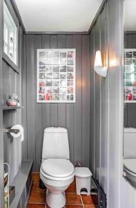 ein Badezimmer mit einer weißen Toilette und einem Waschbecken in der Unterkunft Stavern Cottage with sea views near the beach in Larvik