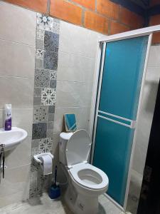 a bathroom with a shower and a toilet and a sink at chalet Relajante, En San Rafael in San Rafael