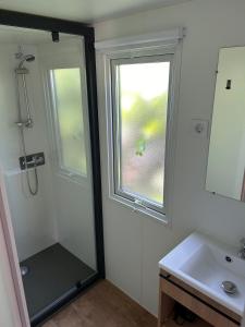 a bathroom with a shower and a sink and a window at le plein de bonheur in Fréjus