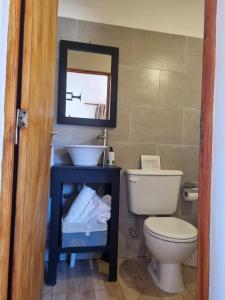a bathroom with a toilet and a sink and a mirror at Cabaña La Marcelina in Tilcara +19 photos