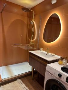 a bathroom with a sink and a washing machine at L appartement de Jeanne in Compiègne