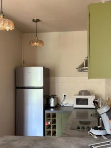 a kitchen with a refrigerator and a microwave at L appartement de Jeanne in Compiègne +14 photos