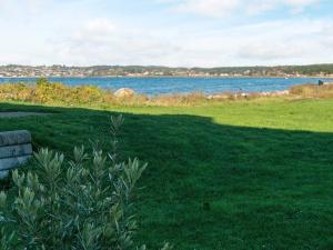 a grassy field with a view of a body of water at 4 person holiday home in Ebeltoft in Ebeltoft
