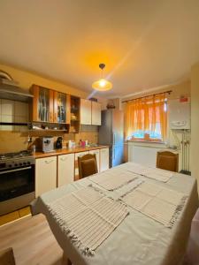 a kitchen with a table in the middle of it at Lovely entire apartment in Cugir in Cugir