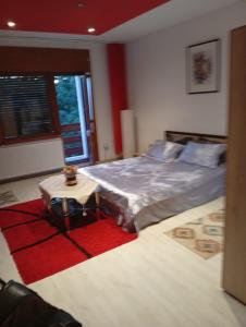 a bedroom with a bed and a table on a red rug at pensiune Valentin, apartament 2 dormitoare cu terasa, Iulius Mall in Timişoara