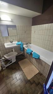 un bagno con lavandino, vasca e WC di Le Nid des Cimes- séjour détente face aux sommets a Laveissière