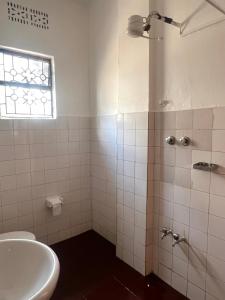 une salle de bain avec un lavabo, des toilettes et une douche dans l'établissement John's Place, à Arusha