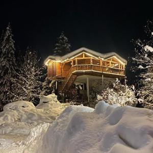 a log cabin in the snow at night at VIP Villa in Boge