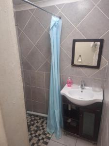 a bathroom with a sink and a blue shower curtain at Bella Cottage Escape in Rooihuiskraal
