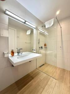 a large bathroom with a sink and a shower at Condo Studio Plaza in Budva +91 photos