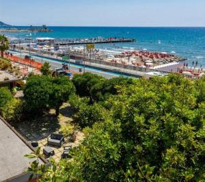 a view of a beach with a pier and the ocean at La Casetta rosa in Diano Marina