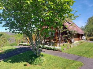 a tree in the grass in front of a building at La Petite Maison en bois climatisée sud de Sarlat in Vézac +7 photos