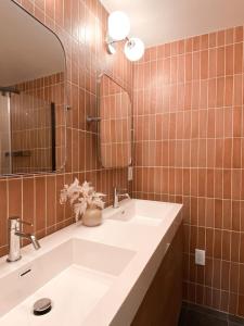 a bathroom with a sink and a mirror at Madeira Cottage - Amphitheater in Saint Augustine +9 photos