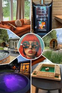 a collage of different pictures of a living room at Casa del Carmen airco, privé hottub en sauna, WiFi and 2 bedrooms in Heinkensand