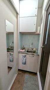 a small kitchen with a sink and a mirror at 和光寓所-自助加Line取密碼 in Hung-i-li +23 photos