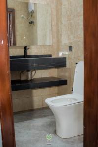 a bathroom with a toilet and a sink and a mirror at Maghaz Royal Hotel in Tamale