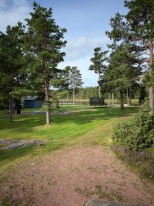 a field with trees and a dirt road at Holmströms stugor in Eckerö