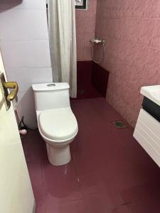baño con aseo y suelo de baldosa roja. en Secure Central Room Diplomatic Enclave, Islamabad, en Islamabad