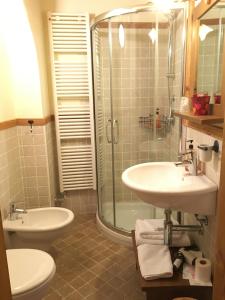 uma casa de banho com um chuveiro, um lavatório e um WC. em Maison Colombot em Aosta