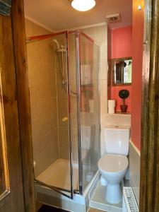 a bathroom with a toilet and a glass shower at Hayloft Sleep 2 NeXT to Fox Covert Pub in Kirk Leavington +35 photos