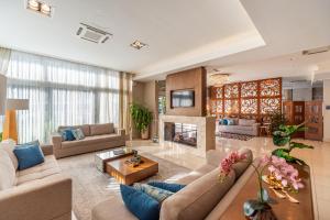 グラマドにあるHotel Monte Felice Centroのソファと暖炉のある広いリビングルーム