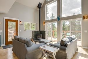 a living room with two couches and a fireplace at Private Deck Secluded Fairplay Cabin in Fairplay