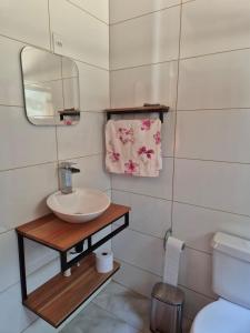 a bathroom with a sink and a mirror and a toilet at Eco Cabana Mantiqueira in Queimada +30 photos