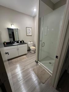 ein Badezimmer mit Dusche, Toilette und Waschbecken in der Unterkunft Harbor Hollow-Studio 2 mins to Renasant in Memphis + 8 Fotos