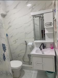 a bathroom with a sink and a toilet and a mirror at Appart Élégance Oran Centre in Oran