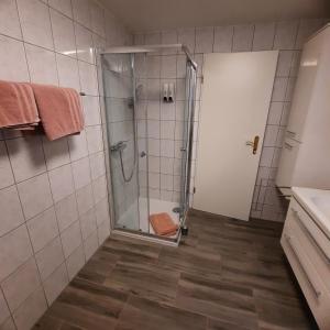 a shower with a glass door in a bathroom at Ferienwohnung Schmidbauer Iphofen in Iphofen +16 photos