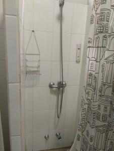 a shower in a bathroom with a shower curtain at hostel plaza brasil in Santiago