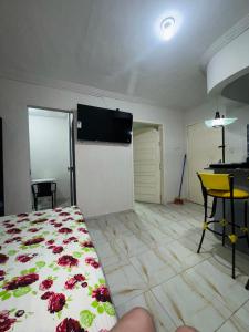 Habitación con cama y TV en la pared. en Novo hotel Maracaípe, en Porto de Galinhas