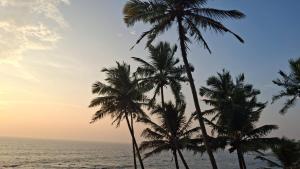 two palm trees on the beach at sunset at Iris Homestay Goa in Anjuna