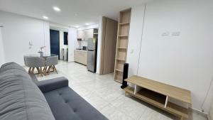 亚美尼亚Spacious apartment in the North on Av 19 Norte的客厅里有一张沙发和一张桌子。