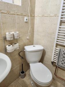 a bathroom with a white toilet and a sink at U lesa  +2 photos