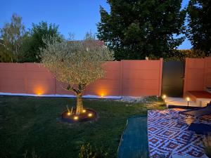 a tree in the middle of a yard with lights at La Logette in Les Petites-Loges