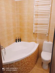 a bathroom with a bath tub and a toilet at Apartament Marzenie in Kowary
