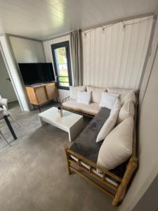 a living room with a couch and a television at chalet de l'Edune 6 pers beau standing piscine couverte à 150m de la mer wifi inclus in Jullouville-les-Pins